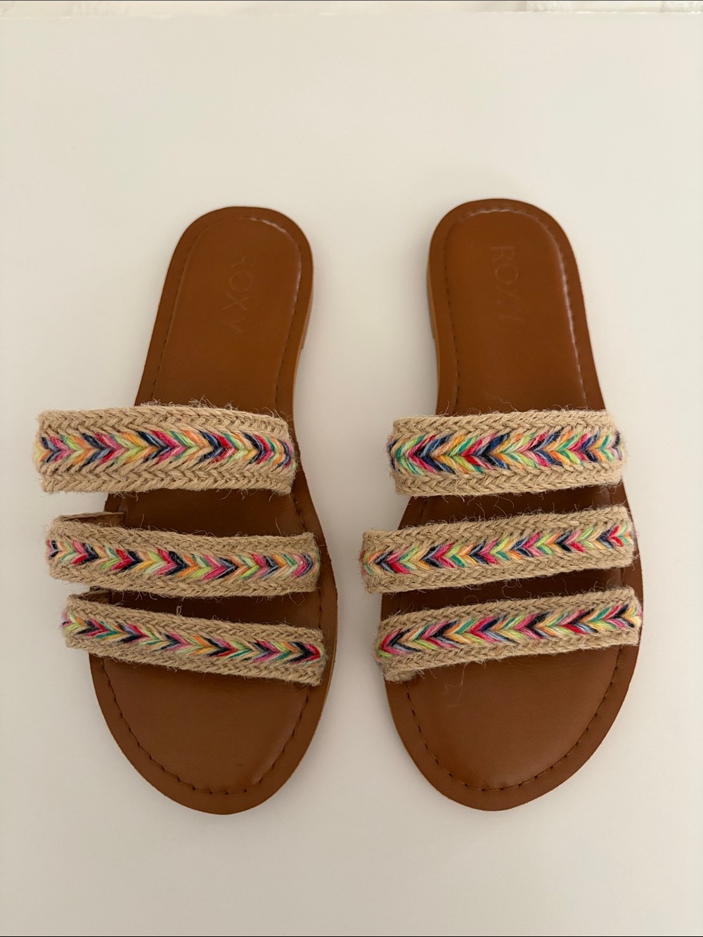 Roxy Tan Slide Sandals with Multicolor Braided Straps